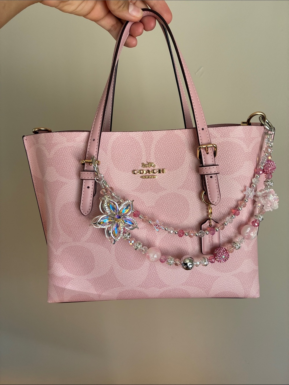 Pink Crystal Flower Beaded Double Strap Bag Chain